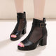 New Genuine Leather Mesh Chunky High Heel Sandals